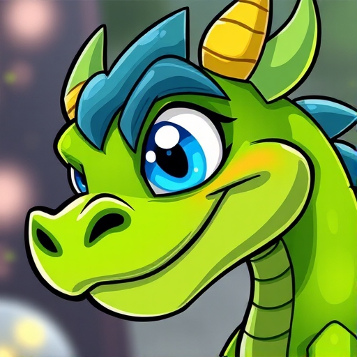 Create a vibrant cartoon-style illustration of a green dragon-like creature with an expressive blue eye, sharp spikes, and a playful smirk, using a DSLR camera at f/2.8 aperture, ISO 100, 50mm lens, natural lighting to enhance color saturation and details.