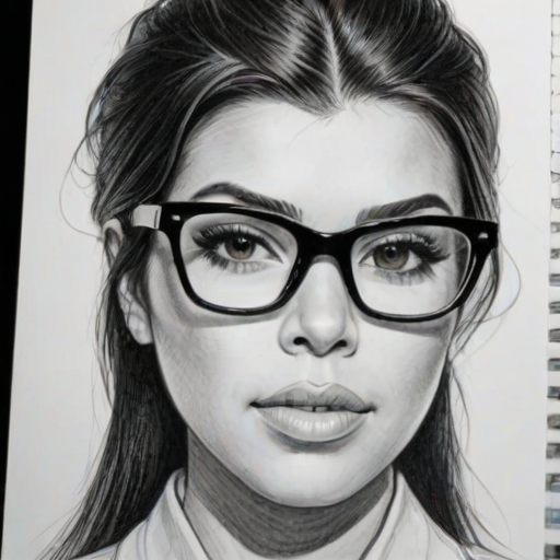 Comely Kourtney Kardashian, pencil sketch, portrait of Enticing woman 1959s in glasses, hair style beatnik, outline, clear lines, fine lines, 8k