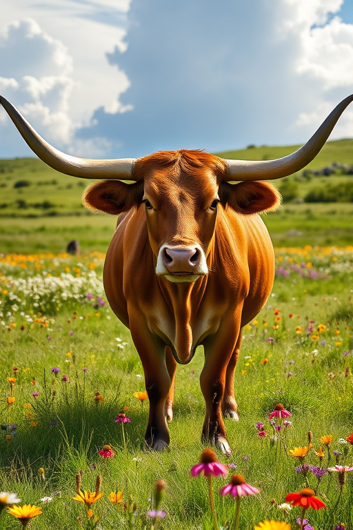 create a hyper-realistic image of a longhorn bull standing majestically in a vibrant meadow filled with wildflowers, soft sunlight illuminating the scene with dramatic clouds in the background, use a Canon EOS R5 camera, set aperture to f/4, shutter speed at 1/200s, ISO 100, shoot from a 50mm lens at eye level to enhance details and depth of field, ensure high-resolution quality and vivid colors