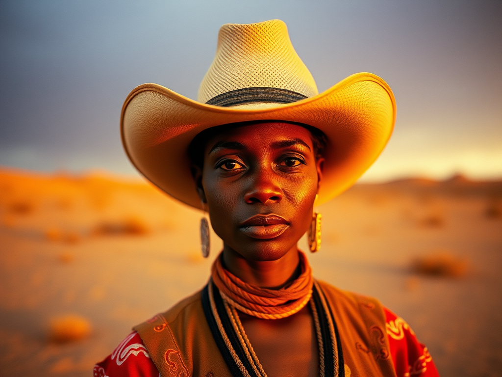 Dramatic photo of a beautiful Kikuyu woman, classic cowboy attire, confident and free spirit expression, half-length portrait, centered, golden hour desert landscape, warm, diffused light, low angle, medium format film camera, in style of Annie Leibovitz.