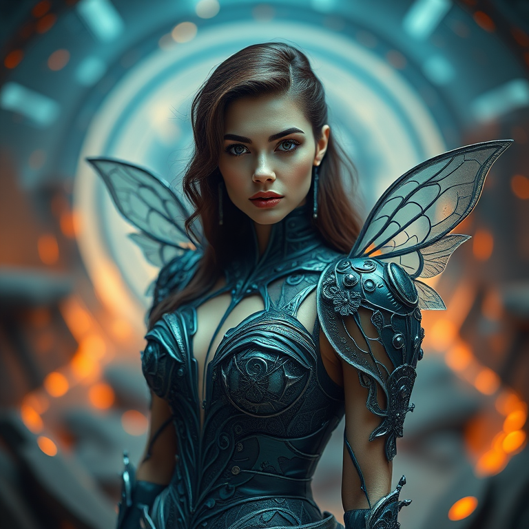 Create an image of a woman in a futuristic dress with intricate details and a surreal background, capturing her ethereal presence, shot with a Canon EOS 5D Mark IV, 85mm lens, f/1.8, ISO 100, in a soft focus style at eye level.