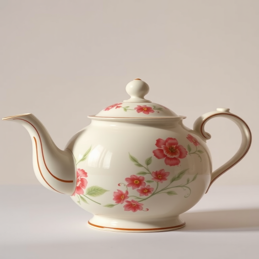 Create a high-resolution illustration of a vintage teapot with floral patterns, soft lighting, 50mm lens, f/2.8 aperture, shot from a slight angle to emphasize the spout and handle, using a DSLR camera.