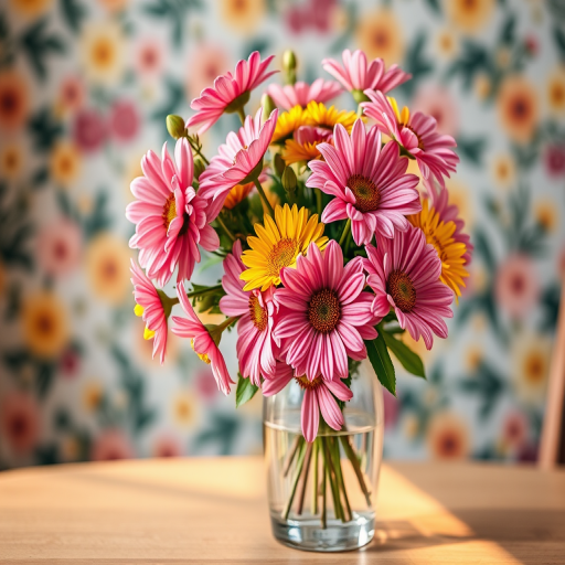 A vibrant bouquet of pink and yellow flowers in a glass vase on a wooden table, softly illuminated by warm natural light, with a blurred floral background, shot with a 50mm f/1.8 lens, aperture set to f/2.8, ISO 100, using a DSLR camera for enhanced clarity and depth.