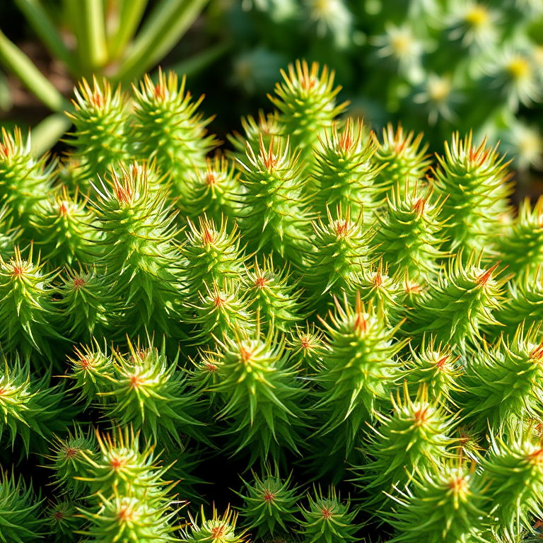 generate a high-resolution illustration of a vibrant cluster of green spiky plants with fine details in a well-lit environment using a DSLR camera, 50mm lens, f/2.8 aperture, ISO 100, and soft natural lighting for enhanced clarity and contrast