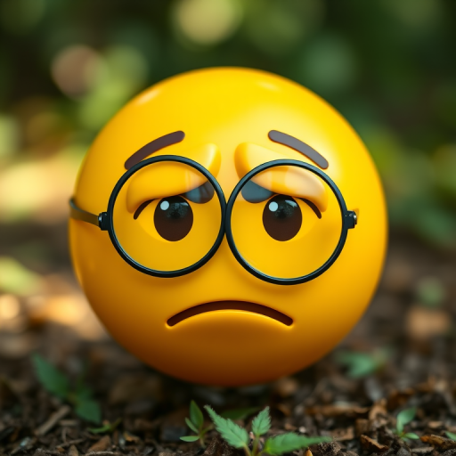 Create an image of a pensive yellow emoji with a monocle, front view, using a Canon EOS R5 camera, f/2.8 aperture, 50mm lens, high-resolution settings, natural lighting.