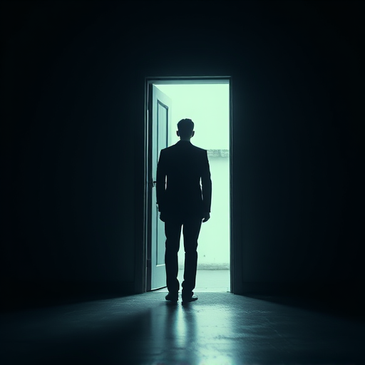 Generate an eerie scene featuring a tall, slender figure in a suit standing in a dimly lit room with an open door, using a Canon EOS R5 with a 24mm f/1.4 lens, aperture set to f/2.8, ISO 800, shutter speed 1/60s, in a low-angle shot for dramatic effect, ensuring soft shadows and a moody atmosphere.