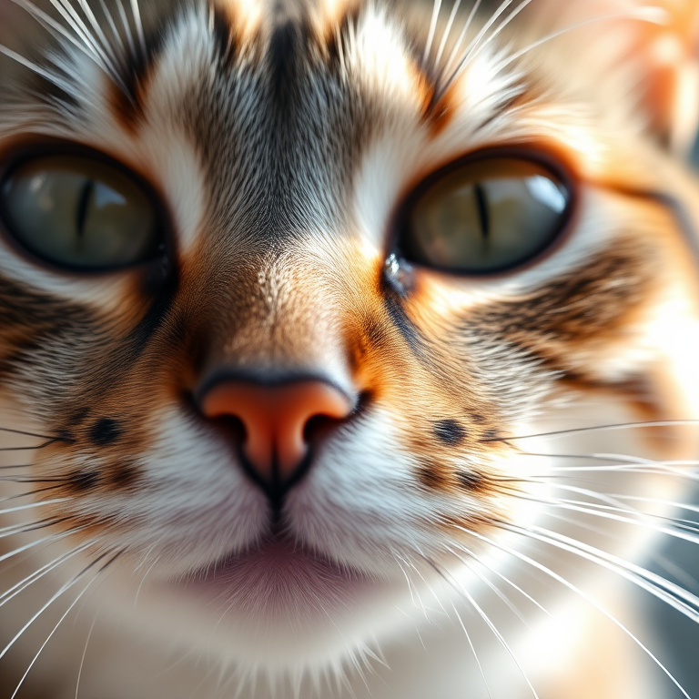 Close-up of a cat's face with sharp focus on eyes and whiskers, natural light, aperture f/2.8, shutter speed 1/250 sec, ISO 100, DSLR camera, portrait view, shallow depth of field.