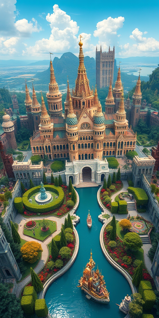 Generate an intricate fantasy cityscape featuring a grand palace surrounded by lush gardens and waterways, with towering spires and intricate architecture, captured with a DSLR camera at f/8, ISO 100, 24mm lens, in a wide-angle view to emphasize depth and detail, with vibrant colors and high dynamic range for enhanced clarity.
