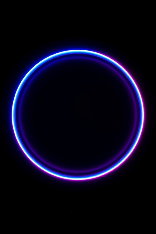 Create a neon circular pattern with blue and pink glowing lines on a black background, using a 50mm lens at f/1.8, ISO 100, 1/200s shutter speed, taken from a top-down view with a DSLR camera to enhance image quality.