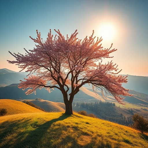 Regenerate a vibrant, stylized image of a flowering tree on a hill under a bright sun, using a Canon EOS R5 with a 50mm f/1.2 lens, aperture set to f/8, ISO 100, shoot in daylight with a soft focus background.