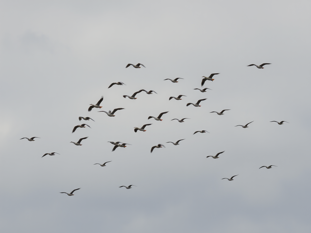 show a flock of birds flying in the sky with overcast clouds in the background, use a Canon EOS R5 camera with a 70-200mm f/2.8 lens, set aperture to f/5.6, shutter speed 1/1000s, ISO 200, capture in landscape mode for a wider view.