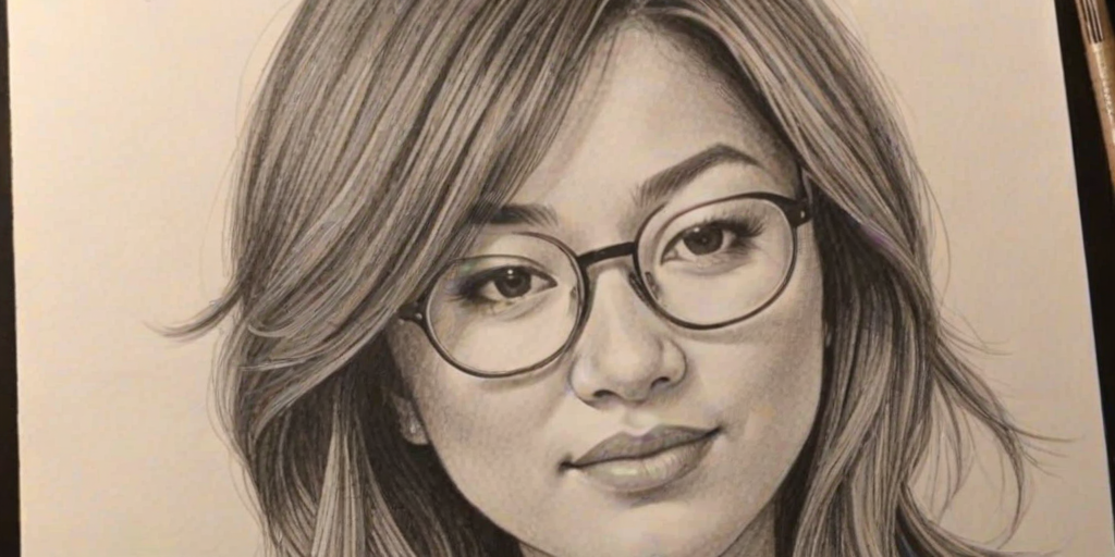 Magnificent Jenna Ushkowitz, pencil sketch, portrait of Ravishing woman 1973s in glasses, hair style beatnik, outline, clear lines, fine lines, 8k