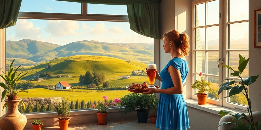 In "A Glass of Beer on the Highland," a serene scene is depicted in a sunlit room where a woman in a vibrant blue dress stands by a large window. She holds a tray with a hearty meal and a frothy glass of beer, embodying a moment of relaxation. Outside, the breathtaking highland landscape features rolling green hills and a charming traditional house, all bathed in warm afternoon light. The interior is adorned with potted plants, creating a harmonious blend of comfort and nature. The painting beautifully captures the tranquility and joy found in simple pleasures amidst stunning scenery