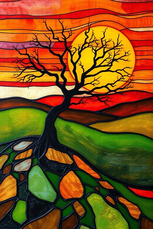A vibrant abstract painting on Tiffany Glass, blending acrylic and alcohol ink techniques, captures a dramatic sunset over rolling hills. The artwork features a textured, rocky foreground in green and brown, layered abstract hills, and a striking sunset in rich oranges, yellows, and reds. A solitary black tree with intricate branches contrasts against the fiery sky, creating a dynamic and expressive portrayal of a breathtaking natural scene.