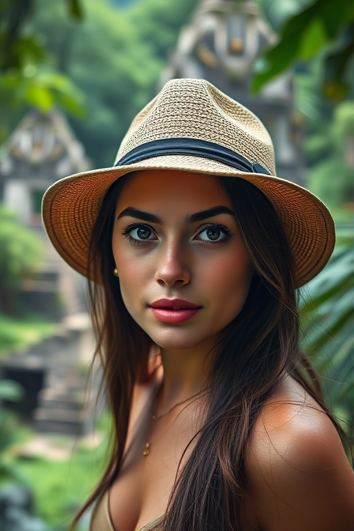 portrait of a young woman in a hat taken in a lush jungle setting with ancient ruins in the background, ISO 100, aperture f/2.8, shutter speed 1/200s, 50mm lens, natural light, DSLR camera, high resolution, focus on the subject's face with a soft bokeh effect in the background