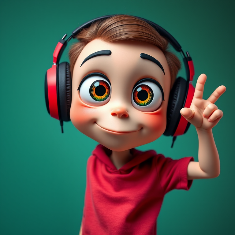 Create a cartoon character with oversized eyes and a quirky expression wearing headphones, shown in a playful pose with one arm raised, vibrant colors, high resolution, shot with a DSLR camera at f/2.8 aperture, 50mm lens, natural lighting.