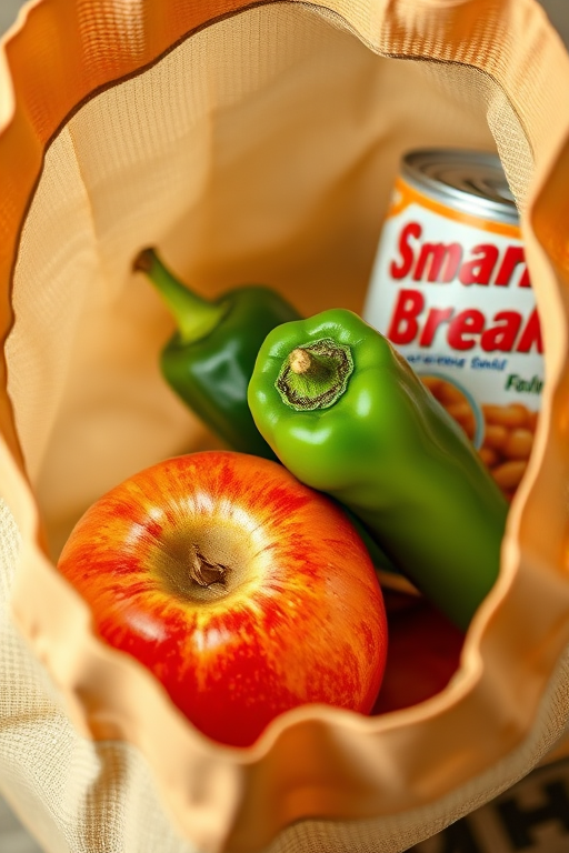 create a realistic image of a grocery bag filled with an apple, a green pepper, and a can of beans, taken with a DSLR camera using a 50mm lens, aperture f/2.8, ISO 100, natural lighting, top-down view, with vibrant colors and sharp focus on the items inside the bag