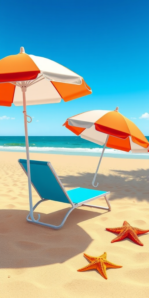create a vibrant illustration of a beach scene with a colorful orange and white umbrella and a blue lounge chair on a sandy beach, include detailed textures for the sand and a starfish nearby, use a DSLR camera with f/8 aperture, 50mm lens, natural lighting and a slightly elevated angle to enhance depth and focus