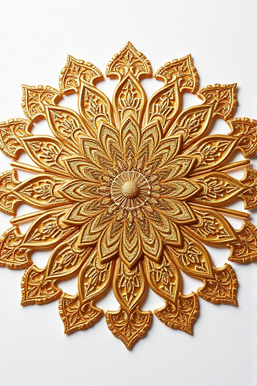 Create a high-resolution image of an intricate gold mandala pattern on a white background, using a Canon EOS R5 camera, f/8 aperture, ISO 100, 50mm lens, top-down view, and soft natural lighting to enhance details and texture.