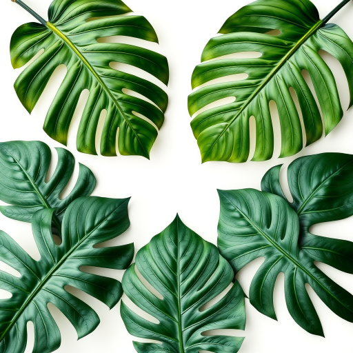 Create a high-resolution digital illustration of tropical leaves in a symmetrical layout with a pale background, using a Canon EOS R5 camera, 50mm lens, f/2.8 aperture, ISO 100, and natural light to enhance colors and contrast.