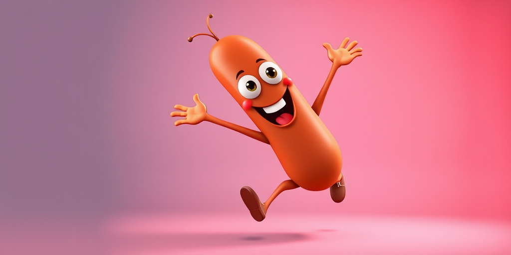 Create a vibrant cartoon illustration of a happy, animated sausage character with big eyes and a wide smile, jumping joyfully with arms and legs in motion, using a Canon EOS 5D Mark IV camera, 50mm lens, f/2.8 aperture, ISO 100, and soft studio lighting for a high-quality, colorful image.