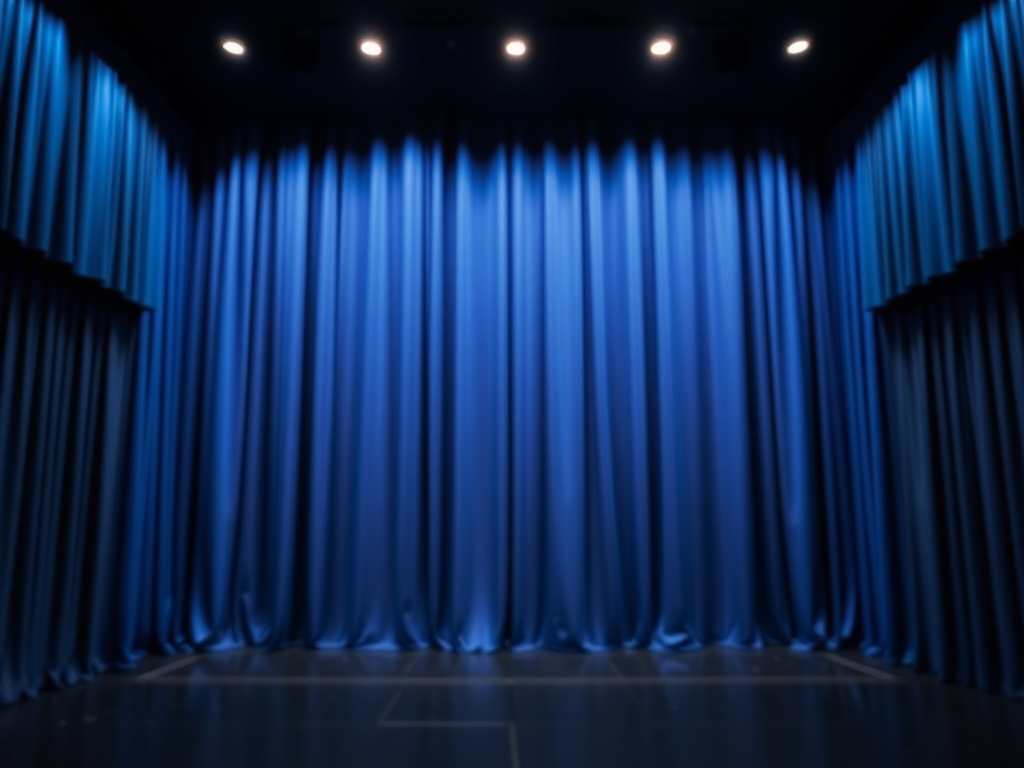 photograph of a theater stage with blue curtains drawn, soft focus, aperture f/2.8, shutter speed 1/60s, ISO 100, shot with a DSLR camera, frontal view, shallow depth of field, natural lighting