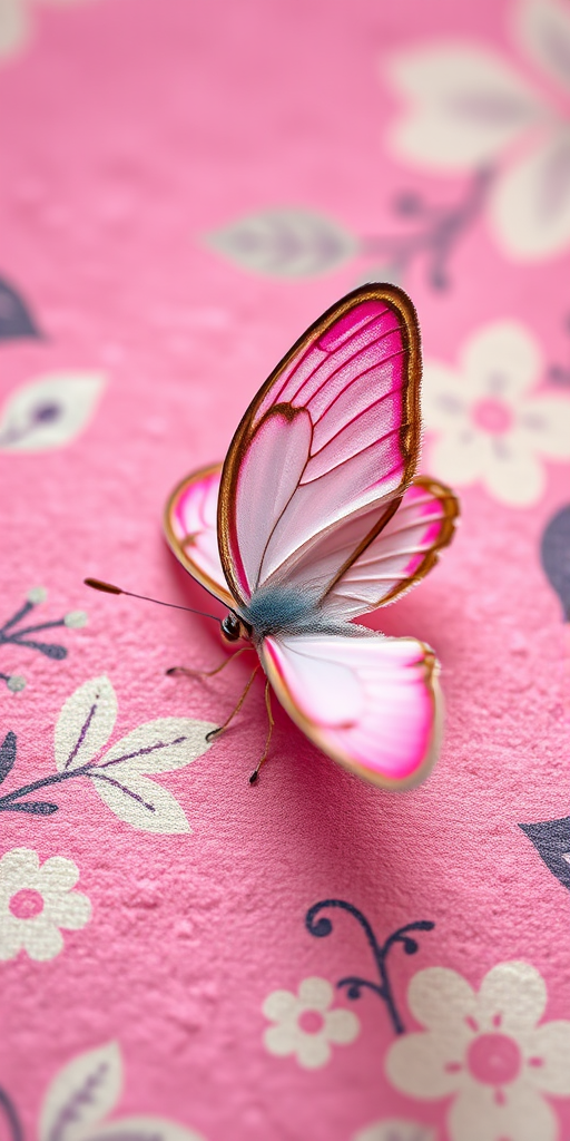 A delicate butterfly with pink and white wings on a textured pink and floral-patterned background, captured with a Canon EOS R5 camera, 50mm lens, f/2.8 aperture, ISO 100, in soft natural light, shallow depth of field for enhanced detail and bokeh effect.