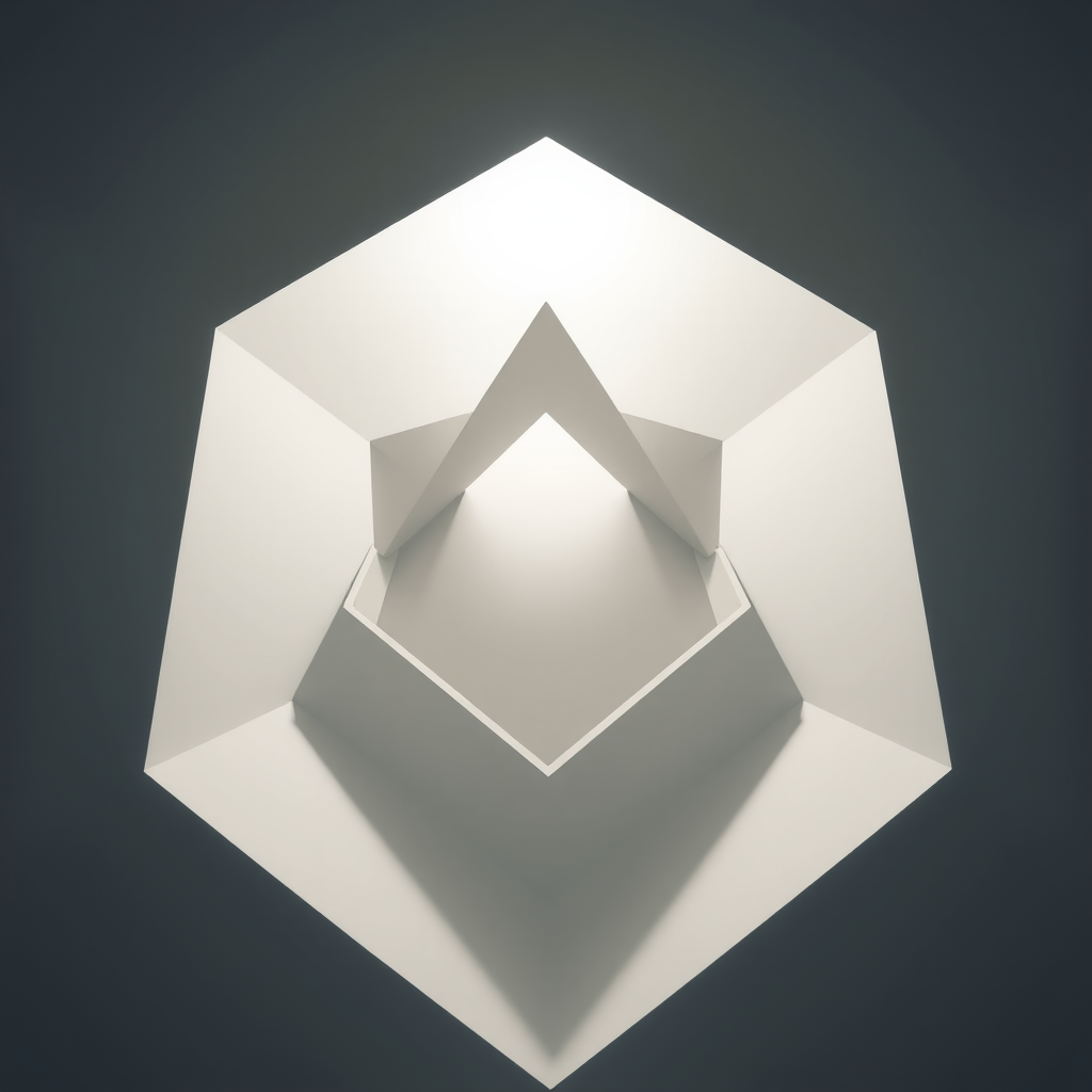 Generate a high-resolution image of a minimalist geometric shape, captured with a DSLR camera at f/2.8 aperture, ISO 100, 1/250 sec shutter speed, using a wide-angle lens, taken from a low angle with a focus on sharp lines and contrasts.