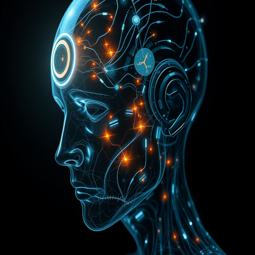 Create a high-resolution digital artwork of a futuristic human head with visible neural circuitry and glowing elements against a dark background, captured with a Canon EOS R5, 50mm lens, f/1.8 aperture, ISO 100, in soft focus style, with dramatic lighting to enhance depth and detail.