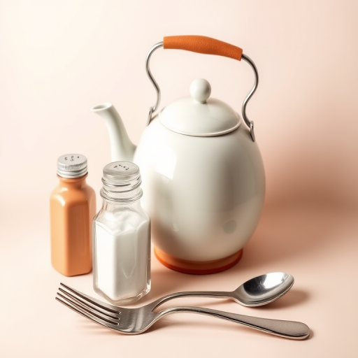 vintage kitchenware illustration of a teapot, salt and pepper shakers, forks, and a spoon on a soft gradient background, high resolution, macro view, natural lighting, DSLR camera, f/2.8 aperture, 50mm lens