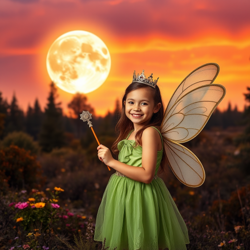 A vivid photo  taken under a bright camera flash of a fantastical scene set against a backdrop of a forest during sunset. The main subject is a girl dressed as a fairy, adorned with translucent wings and a green dress, holding a wand, her face is happy, and she wears a crown on her head. The forest behind her is a blend of flowers, shrubs and trees. The sky is painted in hues of orange and pink, with a large, glowing moon casting a warm glow over the scene. The overall color palette is dominated by earthy tones.
