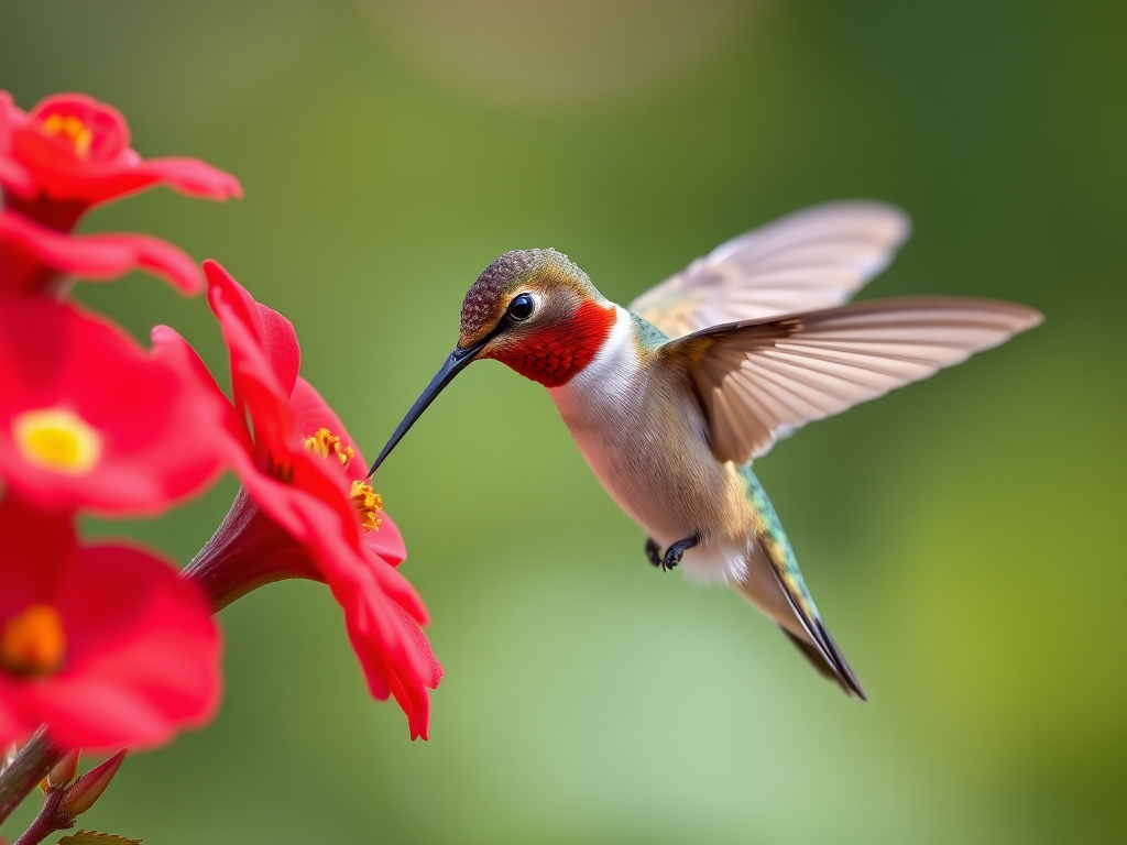 hummingbird feeding on a bright red flower, macro photography, soft focus background, 85mm lens, f/2.8 aperture, ISO 200, shutter speed 1/1000 sec, natural light, DSLR camera