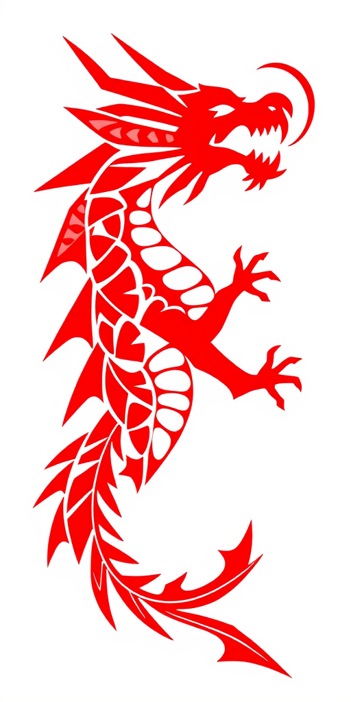 Create a vibrant red dragon design with angular geometric shapes, high resolution, 50mm lens, f/8 aperture, ISO 200, shot from a slight angle to emphasize depth and texture, using a digital SLR camera for clarity.