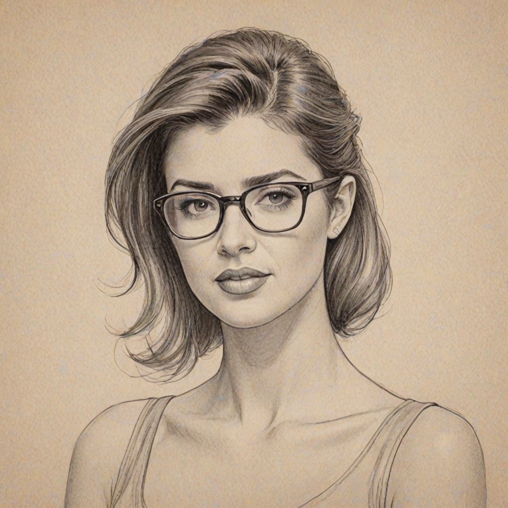Fetching Robin Thicke, pencil sketch, portrait of Magnificent woman 1959s in glasses, hair style beatnik, outline, clear lines, fine lines, 8k