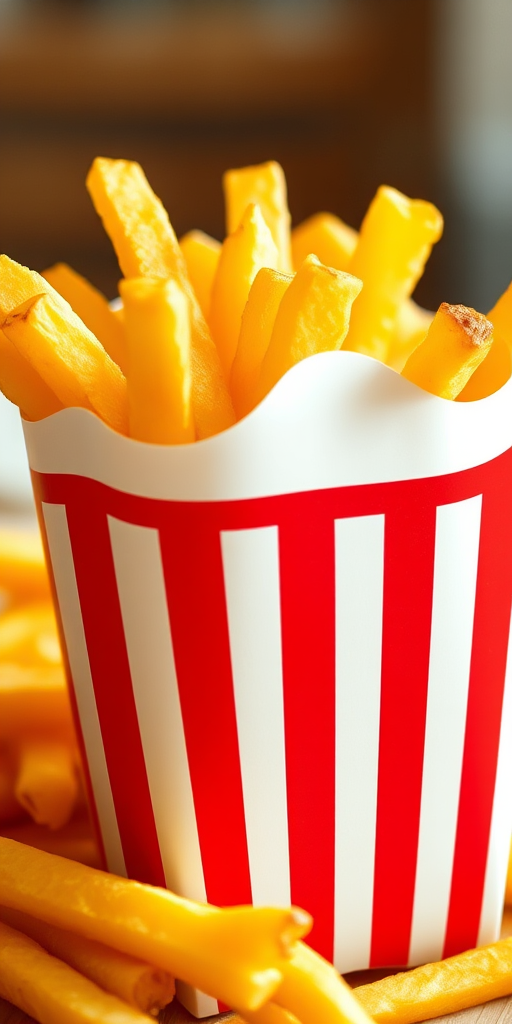 Create a high-resolution illustration of a carton of French fries overflowing with crisp, golden fries, using a close-up view with a shallow depth of field, shot on a DSLR camera at f/2.8, ISO 100, with natural lighting to enhance texture and color.