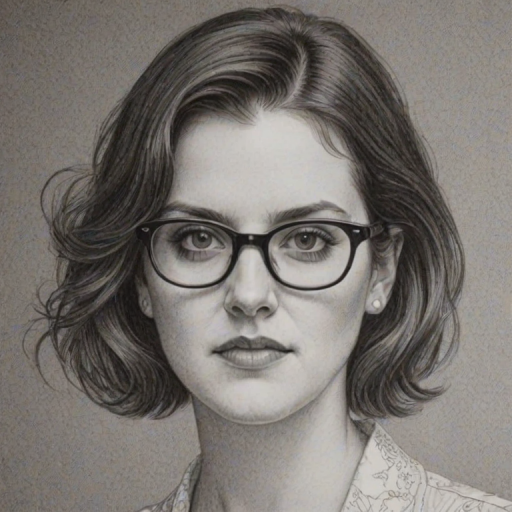 Elegant Melanie Lynskey, pencil sketch, portrait of Enchanting woman 1976s in glasses, hair style beatnik, outline, clear lines, fine lines, 8k