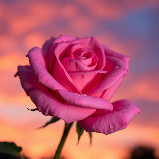 A close-up shot of a pink rose with raindrops on its petals, set against a vibrant sunset sky with soft bokeh in the background, captured using a DSLR camera with a 50mm lens, aperture f/2.8, shutter speed 1/200s, ISO 100, in natural light for enhanced clarity and depth.