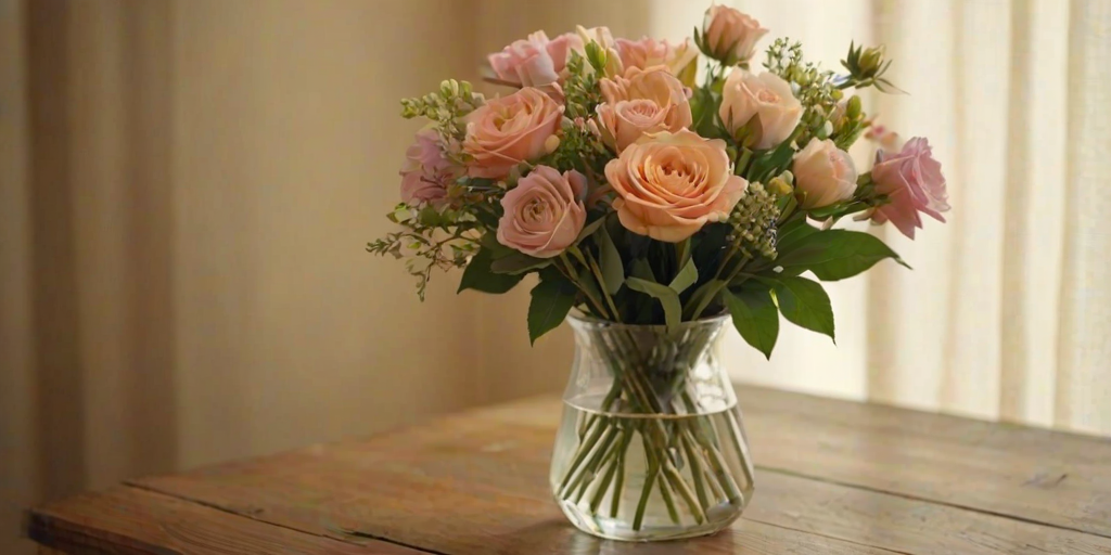 Warmly lit photo of a beautifully arranged flower bouquet in a glass vase on a wooden table, with soft light highlighting the colors and delicate petals.