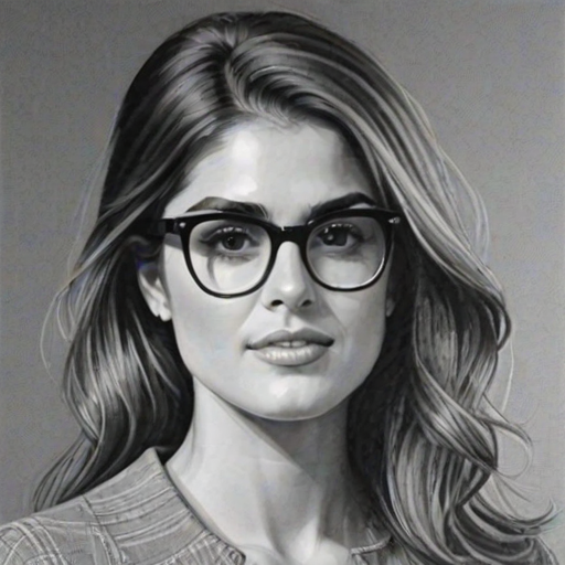 Dazzling Nikki Reed, pencil sketch, portrait of Fascinating woman 1960s in glasses, hair style beatnik, outline, clear lines, fine lines, 8k