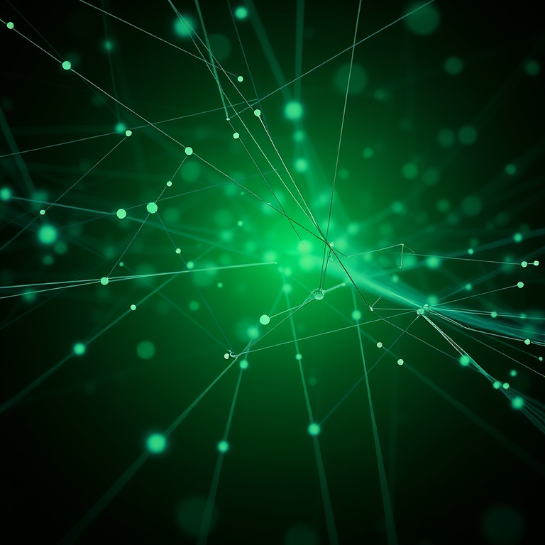 Generate an abstract image of a network of interconnected lines and dots in a dark green gradient background, shot with a Canon EOS R5 at f/2.8, ISO 100, and a 50mm lens, using a low-angle view and shallow depth of field to enhance the sense of depth and detail.