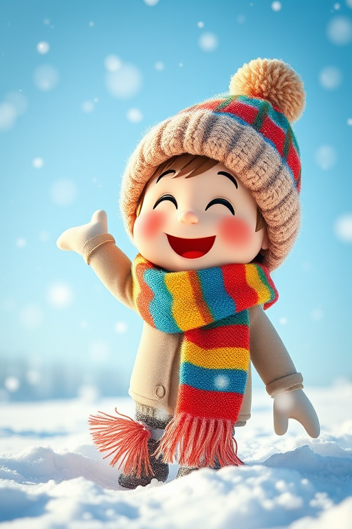 Create a joyful cartoon character playing in the snow, wearing a colorful striped scarf and a cozy winter hat, with snowflakes falling and a bright blue sky in the background, shot with a Canon EOS R5 at f/4, 50mm lens, high saturation, vibrant colors, and soft focus for a whimsical effect.