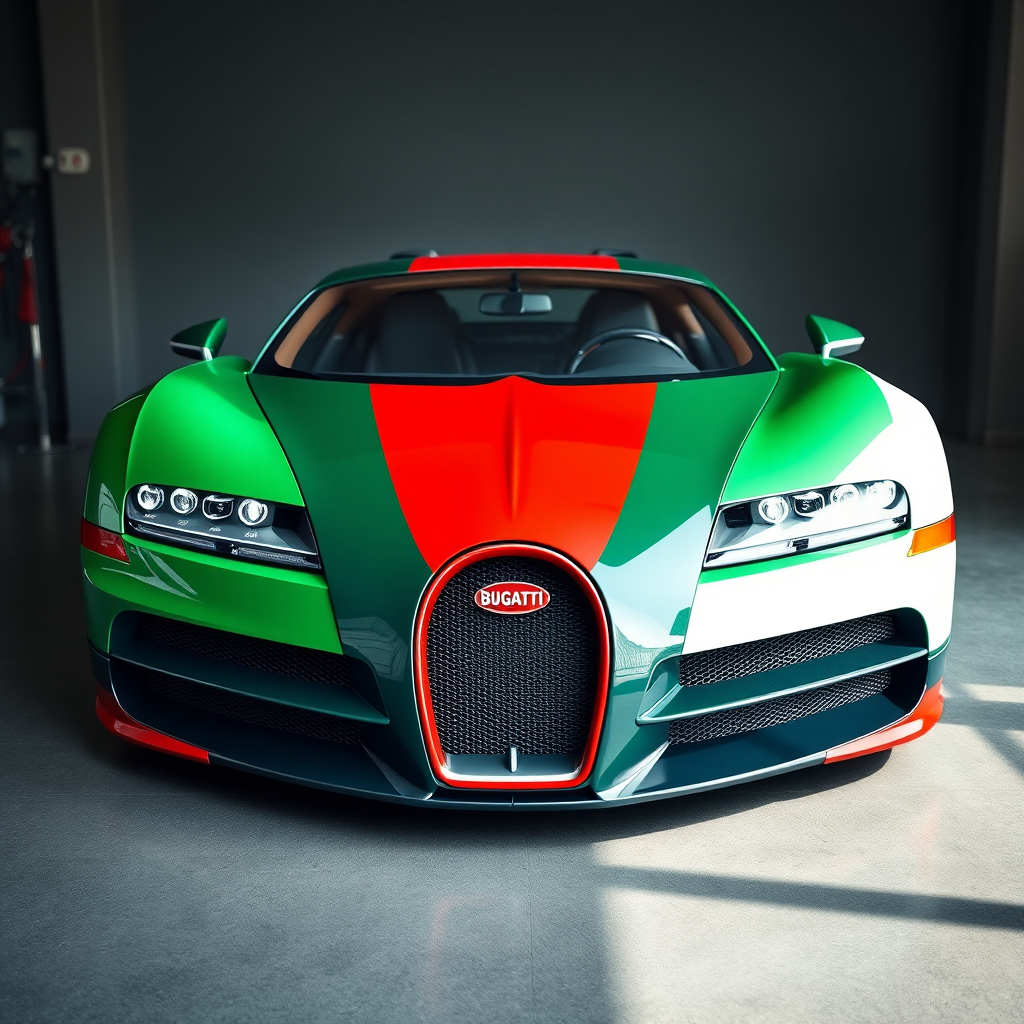 create a hyper-realistic image of a Bugatti sports car adorned with a unique red, white, and green paint scheme representing the Italian flag, captured from a low-angle front view using a DSLR camera with an aperture of f/2.8, ISO 100, and a shutter speed of 1/200s for enhanced detail and clarity.