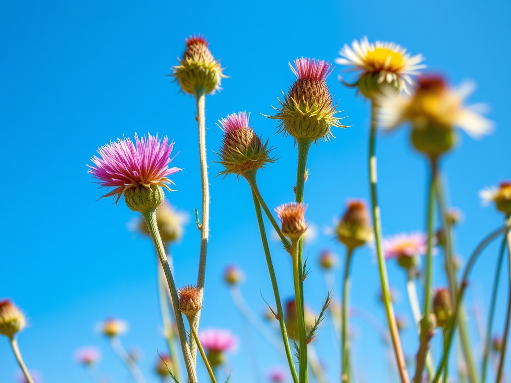 wildflowers against a bright blue sky, close-up focus on thistle-like plants, ISO 200, f/8, shutter speed 1/250s, landscape orientation, DSLR camera, natural lighting, high resolution