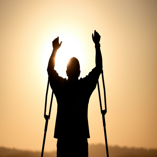 Create a silhouette of a person standing on a horizon, arms raised with crutches, against a bright background, shot with a DSLR camera at f/8 aperture, 1/500 shutter speed, 50mm lens, from a low angle view to emphasize the figure's determination and enhance contrast.