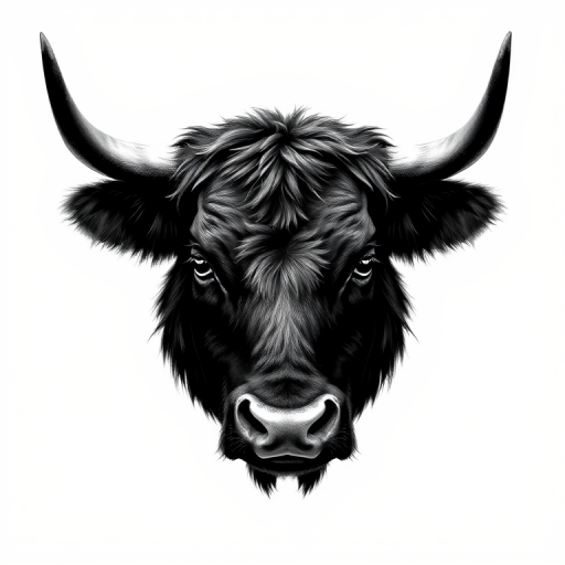Create a high-contrast black and white illustration of a bull's head with a textured fur outline, using a Canon EOS R5 with a 50mm f/1.2 lens, aperture set to f/8, ISO 100, shot from a frontal view in a soft light studio environment.