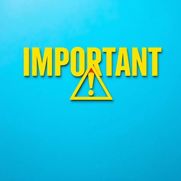 Create an image of the word "IMPORTANT" in bold yellow letters with an exclamation mark inside a yellow triangle, set against a gradient background of blue shades, captured with a DSLR camera at f/2.8 aperture, ISO 100, 50mm lens, in a vibrant, high-contrast style.