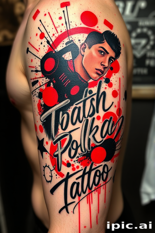 Trash polka tattoo combining bold, chaotic red and black elements with fine line script and photorealistic imagery, creating a striking contrast between abstract and realistic components