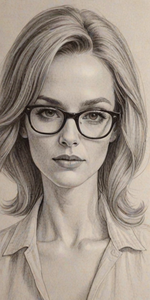 Ravishing Kerry Bishe, pencil sketch, portrait of Bewitching woman 1966s in glasses, hair style beatnik, outline, clear lines, fine lines, 8k