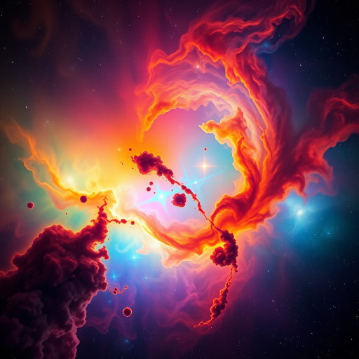A vibrant cosmic landscape with colorful nebulae, swirling clouds, and distant stars, captured with a DSLR camera at f/8, ISO 100, 25mm lens, wide-angle view, HDR style, emphasizing rich details and deep contrasts.