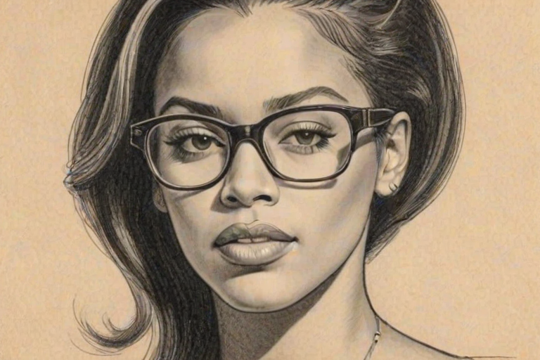 Resplendent Aaliyah, pencil sketch, portrait of Magnificent woman 1948s in glasses, hair style beatnik, outline, clear lines, fine lines, 8k